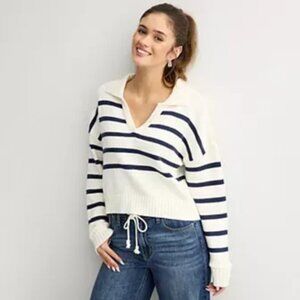 SO Women’s Collared Striped Sweater Cream/Navy Size XL Pullover Knit Top